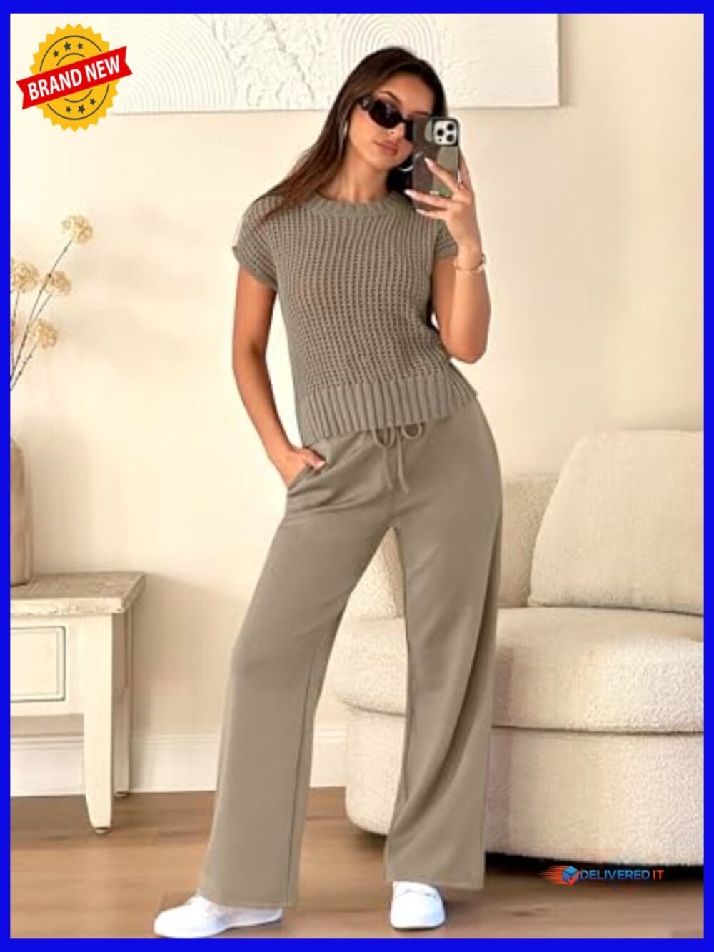 Women's Two Piece Outfits Crochet Sheer Knit Sweater Top Wide Leg Pants Lounge - Picture 4 of 7